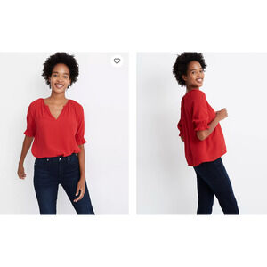 Madewell Notched Ruffle Cuff Blouse Women's Size S Red Viscose Short Sleeve Top
